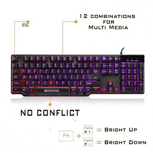masione Mehrfarbig DEMI mechanisch Kabel USB Gaming-Tastatur mit LED Beleuchtung Hintergrundbeleuchtung Wasserdicht 7 verstellbar Hintergrundbeleuchtung Halo Atmung Licht Multimedia Pro ausgerichtet auf das Spiel Tastatur US-Layout