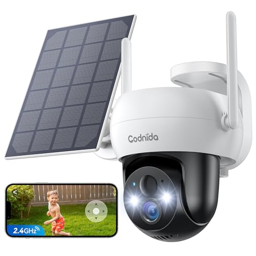 Codnida Q02 Außen Überwachungskamera Akku Solar, Kabellos WLAN PTZ 360° Schwenk-Neige, 2K Farbnachtsicht, PIR-Bewegungserkennung, 2-Wege-Audio, SD/Cloud