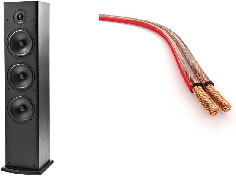 Polk Audio T50 4 Way Speaker - Black & KabelDirekt - Pure Copper Stereo Audio Speaker Wire & Cable - Made in Germany - 2x2.5mm² - 15m