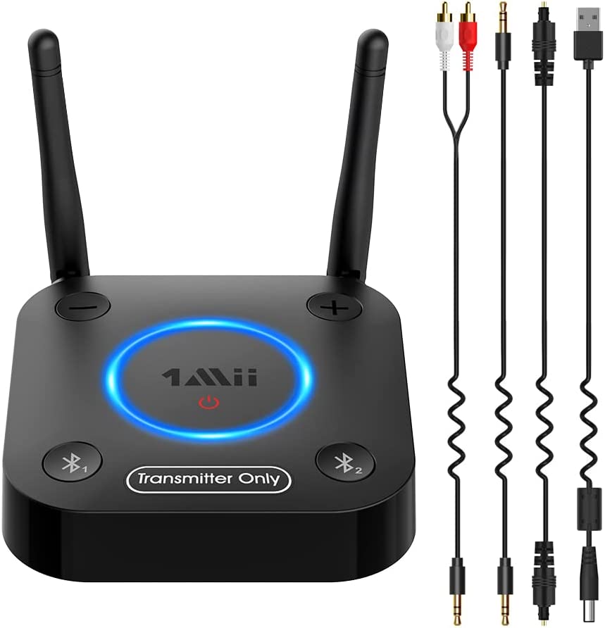 1mii B06TX Bluetooth 5.0 Transmitter Adapter Bluetooth für Fernseher mit Lautstärkeregler, Audio-Eingang AUX Cinch optischer Koaxial Plug n Play, niedrige aptX Latenz