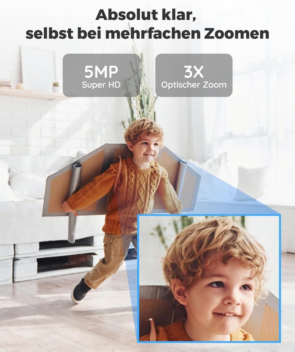 Reolink E1 Zoom-B Indoor PTZ Überwachungskamera, 5MP, 3x optischer Zoom, 2,4/5 GHz WLAN, Mensch-/Haustiererkennung, Auto-Tracking, Nachtsicht 12 m, 2-Wege-Audio, Schwarz