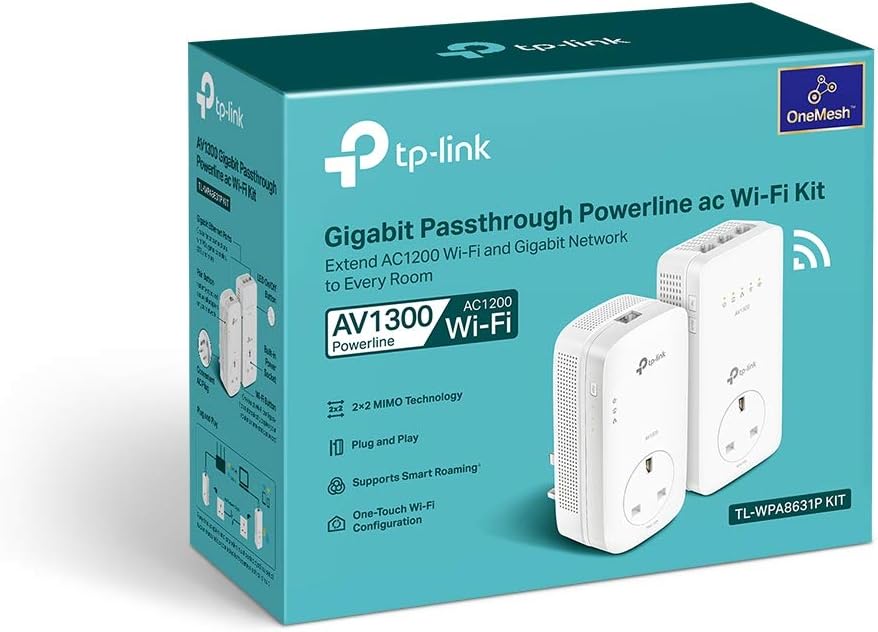 TP-Link TL-WPA8631P KIT Powerline Adapter 1300 Mbit/s, WLAN (Wi‑Fi 5), Gigabit Ethernet, integrierte Steckdose Typ G (UK), Weiß, V4