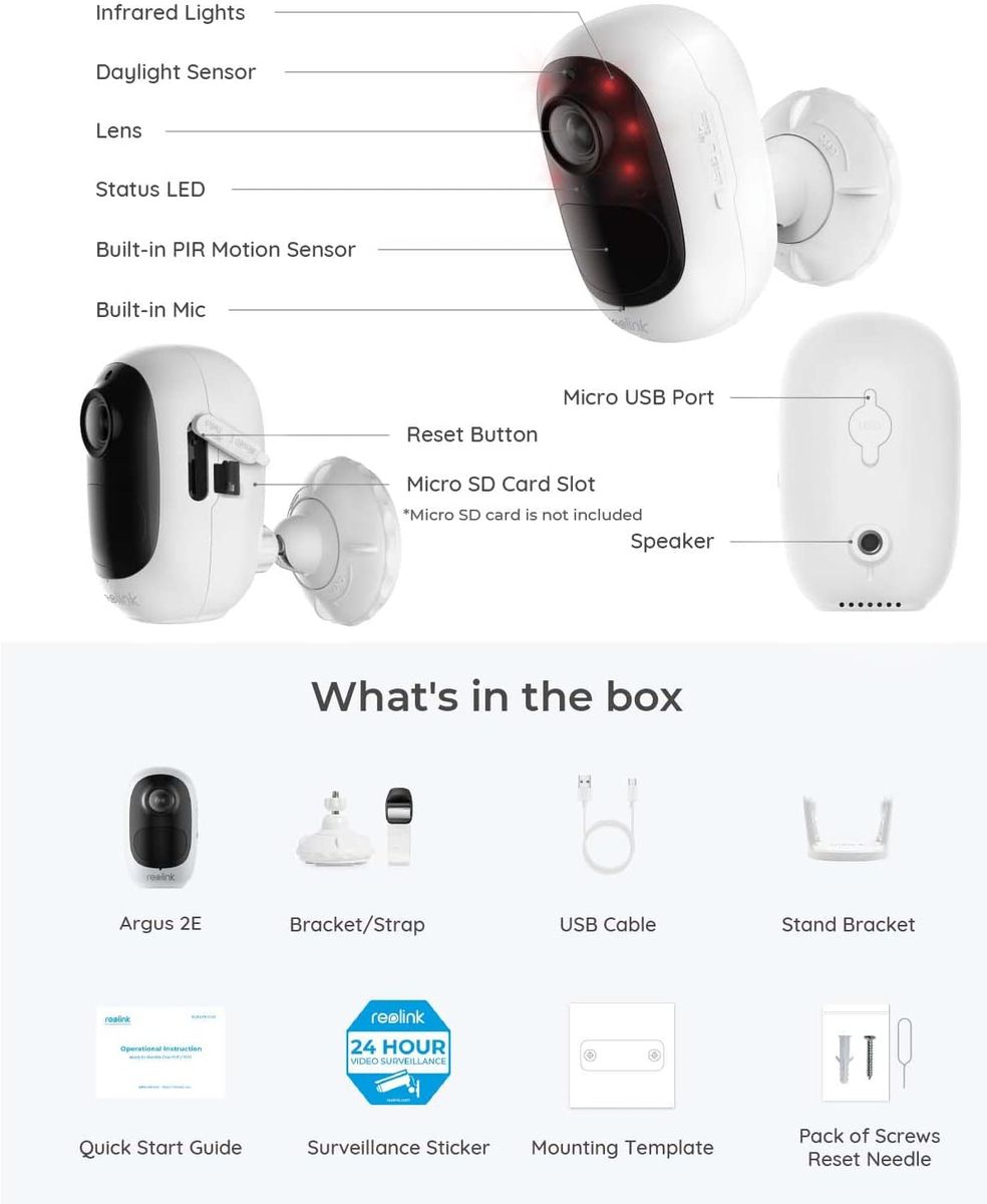 Reolink Überwachungskamera Aussen Akku, Kabellose WLAN IP Kamera Outdoor mit PIR Bewegungsmelder, 1080p Zeitraffer, 10m IR-Nachtsicht, microSD-Kartenslot (bis zu 128GB), 2-Wege-Audio, Argus 2E