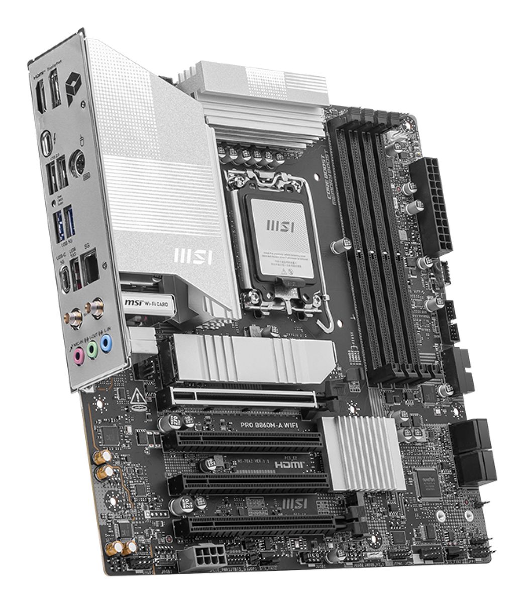 MSI PRO B860M-A WIFI Mainboard, Intel B860, LGA 1851 (Socket V1), micro ATX, DDR5, 4x DIMM bis 256 GB, 3x M.2, 4x SATA III, 5 Gigabit LAN, Wi‑Fi 7, Bluetooth 5.4, HDMI 2.1