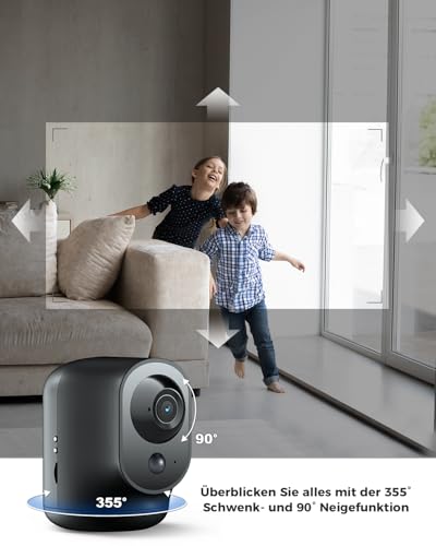 COCOCAM CC-C7 Innen Überwachungskamera Akku 5200mAh, 3MP (2K) 355° Schwenk 90° Neigen, PIR Personenerkennung, Nachtsicht 20m, Zwei-Wege-Audio, 2,4 GHz WLAN, TF-Karte, Schwarz
