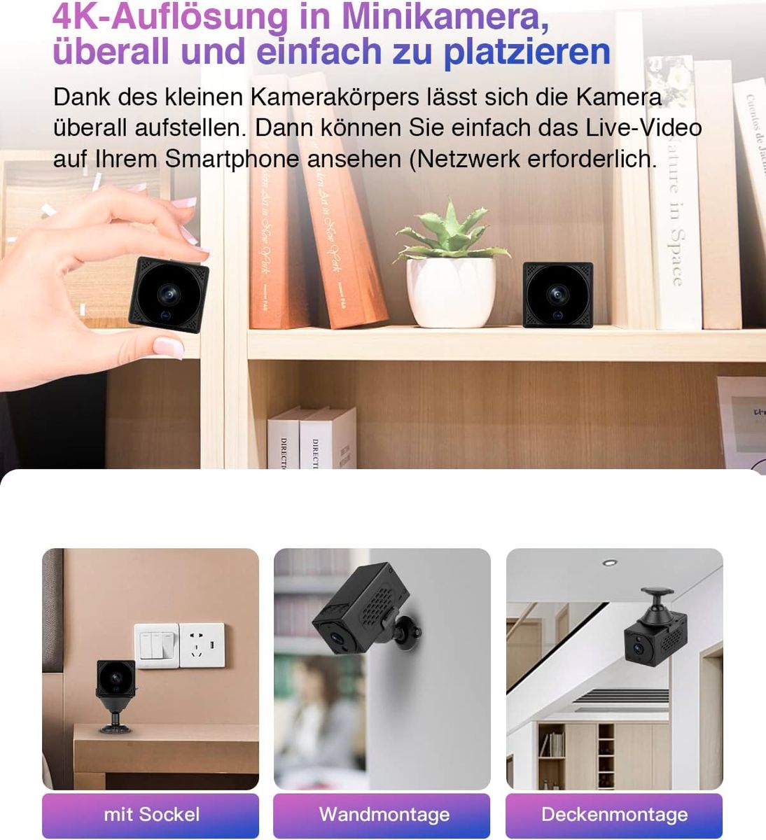 WIWACAM MW1-Pro Mini Kamera 4K HD WLAN 2600mAh Akku, Live Übertragung Handy App Kleine Überwachungskamera Innen Überwachung Babyphone Hundekamera, mit Bewegungsmelder, Nachtsicht, aufzeichnung 2 Pro - Großer Akku Bessere Optik - Schwarz